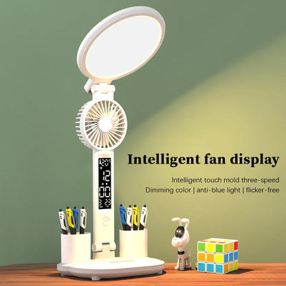 Multi-Functional Plug-in Fan/LED Clock /Table Dimmable Lamp /USB Chargeable /Light Foldable