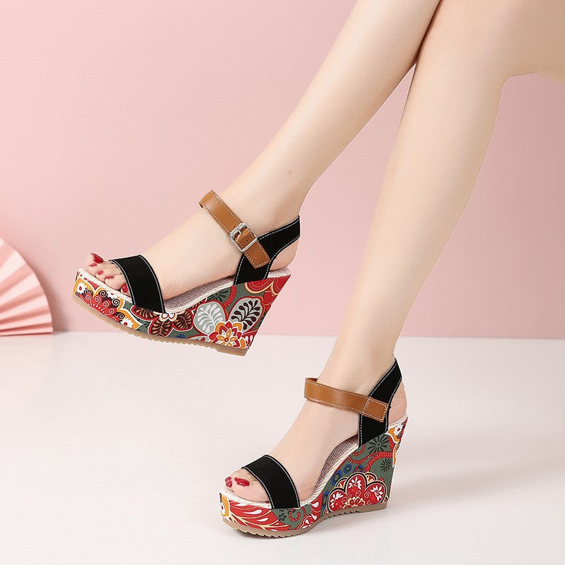 Womens Embroidered High Wedge Sandals
